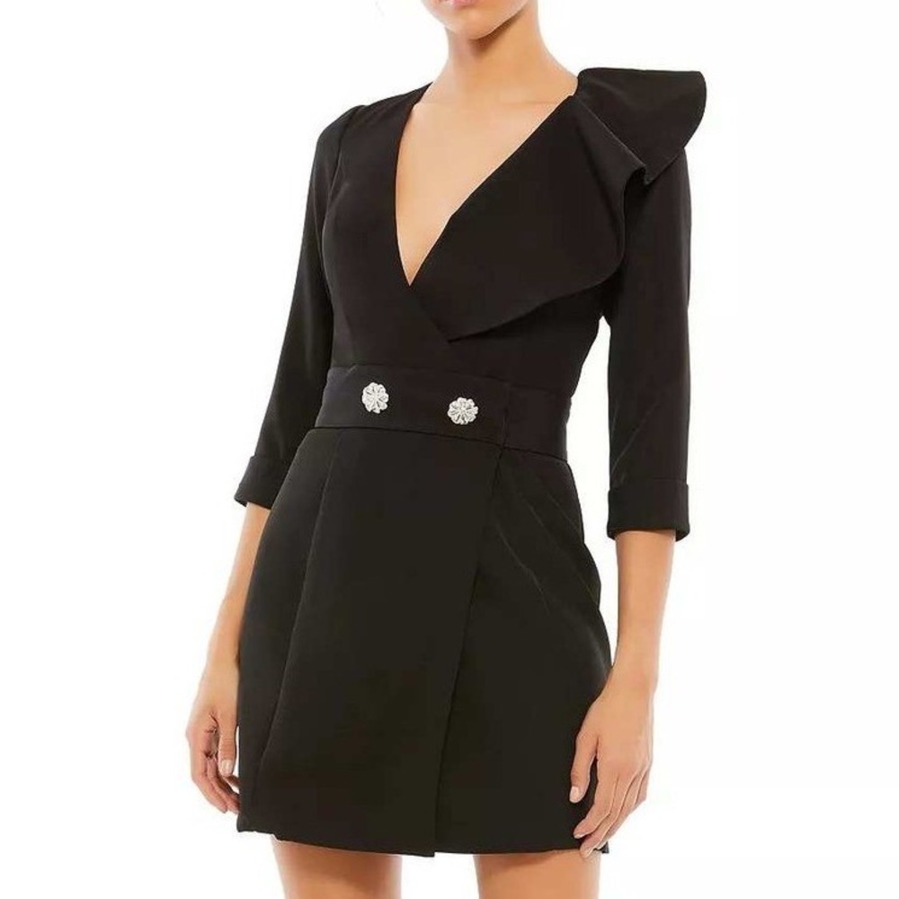 Ieena For Mac Duggal Ruffled Faux Tuxedo 3/4 Sleeve Mini Dress Black Size 0 NWT